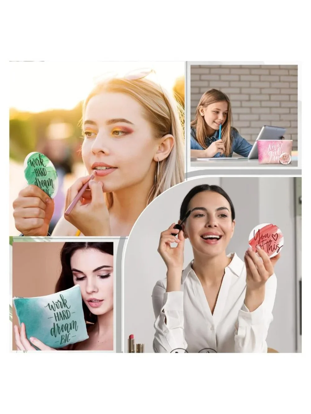 10 Canvas Makeup Bags & 10 Compact Mirrors Set Motivational Travel Pouch Gift